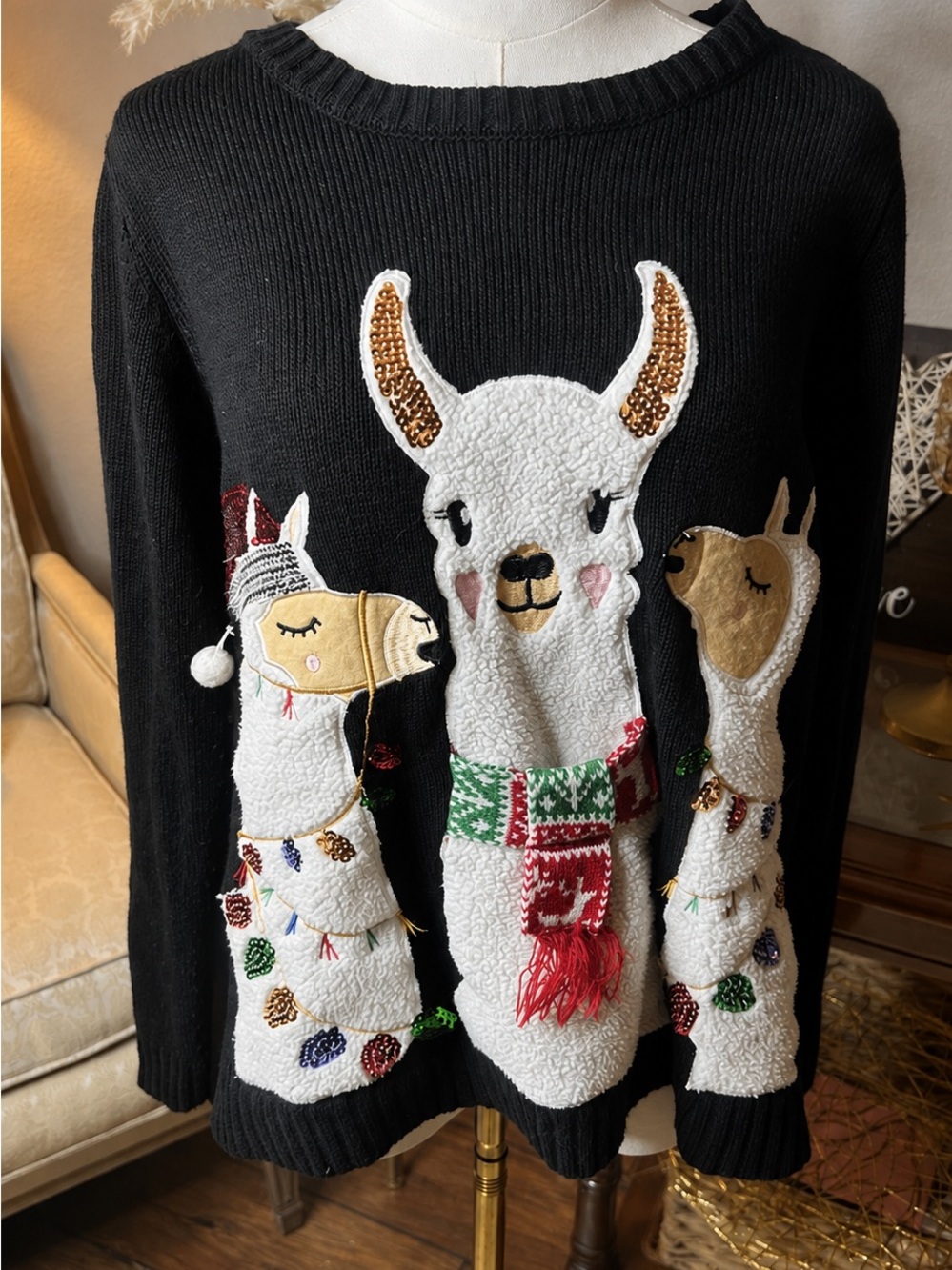 Karen Scott Llama Ugly Christmas Sweater 3D Sequin Holiday